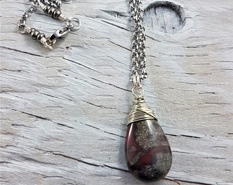 Red Grey Green Bloodstone briolette necklace, wire wrapped teardrop stone, stainless steel rolo chain.   JemstoneZ Hand Crafted.