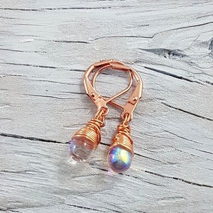 Copper Wrapped Briolette Earrings. Iridescent teardrop, small earrings.  JemstoneZ Hand Crafted.