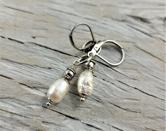 Freshwater Pearl Drop Earrings.  Creamy white pearls.  JemstoneZ Hand Crafted.