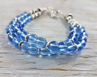 Blue Glass Bracelet.  Double Strand Glass and Silver bracelet.  JemstoneZ Hand Crafted.