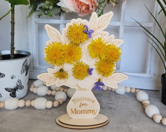 Personalized Mother's Day Gift from Child, Dandelion Flower Holder, Wooden Fresh Flower Display, Gift for Mom, Grandmother, Aunt, Teacher