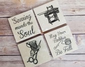 Sewing Gift, Natural Stone Coaster Set, Rustic Farmhouse Decor, Gift for Grandmother or Grandma, Gift for Mom, Gift for Sewer or Seamstress