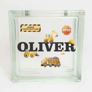 Personalized Piggy Bank for Boys, Grandson, Son or Nephew, Construction Vehicle or Diggers Themed Bedroom or Nursery Decor, Baby Shower Gift