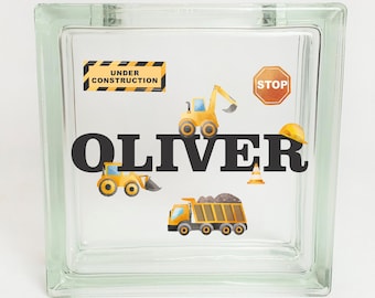 Personalized Piggy Bank for Boys, Grandson, Son or Nephew, Construction Vehicle or Diggers Themed Bedroom or Nursery Decor, Baby Shower Gift