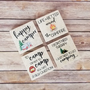 Gift for Camper, Camping Gift, Gift for Him, Gift for Outdoorsman Boyfriend or Girlfriend, Natural Stone Coaster Set, Vintage Camping Decor