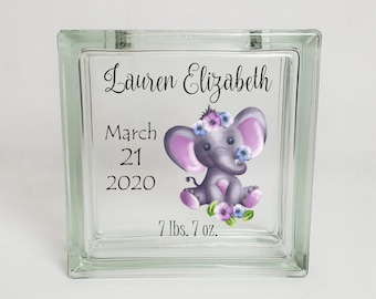 Personalized Baby Glass Block Savings Piggy Bank, New Baby Girl Gift, Newborn Personalized Baby Stats Keepsake, Pink Elephant Nursery Decor