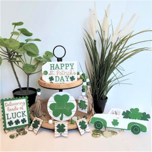 St. Patrick&#39;s Day Tiered Tray Decor Bundle, Mini Signs, Handmade Laser-Cut Table Centerpiece, Saint Patrick&#39;s Day Party Decor, Shelf-Sitters