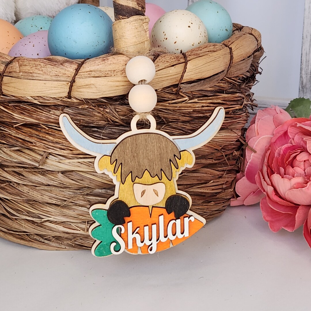 Highland Cow Easter Basket Name Hangtag, Easter Gift Tag, Handmade Wood