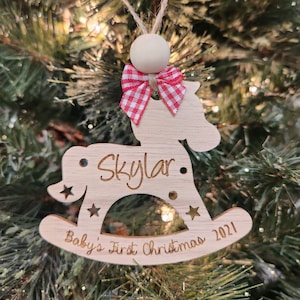 Personalized Baby&#39;s First Christmas Handmade Wooden Ornament, Stocking Tag, Rocking Horse, Unique Keepsake Gift for Baby, Baby Shower Gift