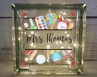 Unique Personalized Gift for Teacher, Appreciation Gift, Light Up Glass Block, Handmade Home Decor, Teacher Name For Desk, Classroom Decor