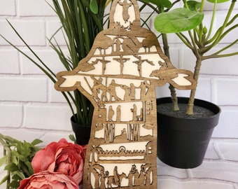May include: A wooden cutout of a person with various scenes from the life of Jesus Christ. The scenes include the Last Supper, the crucifixion, and the resurrection. The cutout is painted in shades of brown and white.