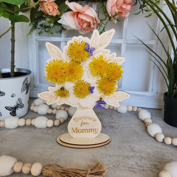 Personalized Mother's Day Gift from Child, Dandelion Flower Holder, Wooden Fresh Flower Display, Gift for Mom, Grandmother, Aunt, Teacher