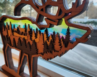 Unique Gift for Dad or Grandfather, Layered Wood Art Elk Suncatcher, Log Cabin Decor, Gift for Hunter, Outdoor Enthusiast, or Mountain Hiker