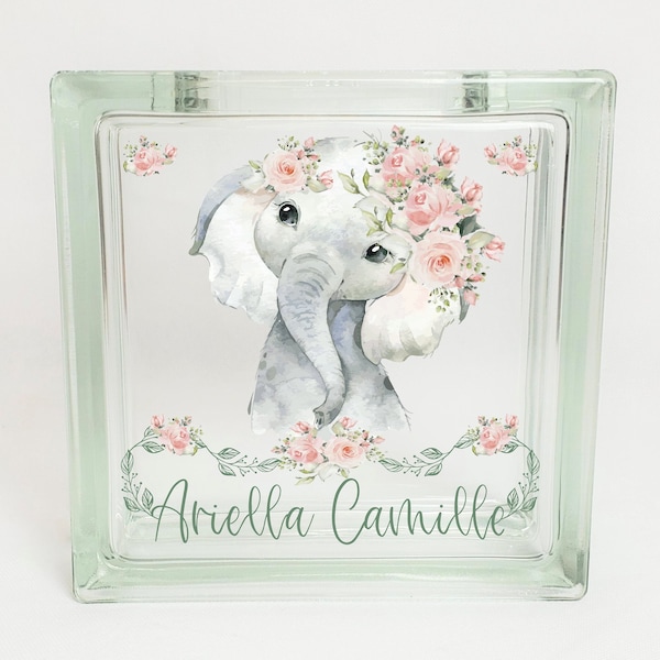 Baby Elephant with Blush Pink Floral Nursery Decor, Savings Piggy Bank, Personalized Baby Shower Gift for Girl, Baby Gift for Grandaughter