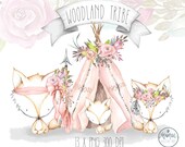 Boho Teepee Clipart,Watercolor feathers and flowers wreath,Clipart,Nursery Woodland Clipart,Fox,Baby Shower,Teepee Birthday,Planner Clipart