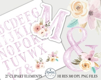 Alphabet watercolor, Hand painted letters, Hand painted Alphabet, Watercolor font clipart, Alphabet clipart, PINK, Letters watercolor