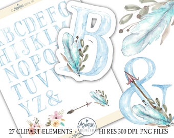Alphabet watercolor, Hand painted letters, Hand painted Alphabet, Watercolor font clipart, Alphabet clipart, BLUE, Letters watercolor
