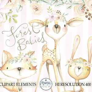Bébé Woodland Animals clipart, clipart planificateur, aquarelle, peint à la main, floral, renard mignon, lapin mignon, lapin, cerf mignon, pépinière forestière