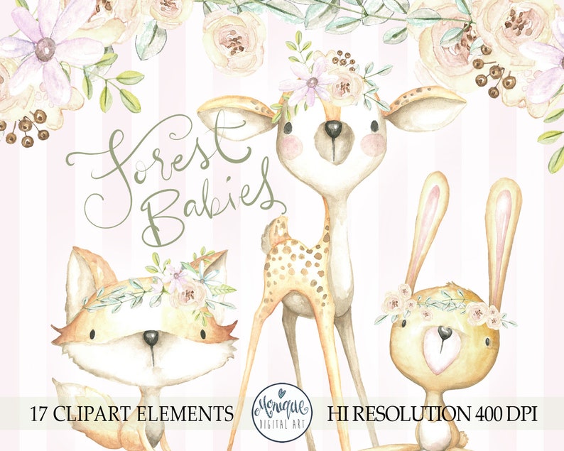 Baby Woodland Animals clipart, planner clipart, watercolor, hand painted, floral, cute fox, cute bunny, rabbit, cute deer, woodland nursery image 1