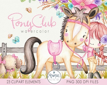 Pony clipart watercolor, cute pony club art, clipart, horse illustration, watercolor pony, saddle, puppy, pony girl, cute pony art, farm