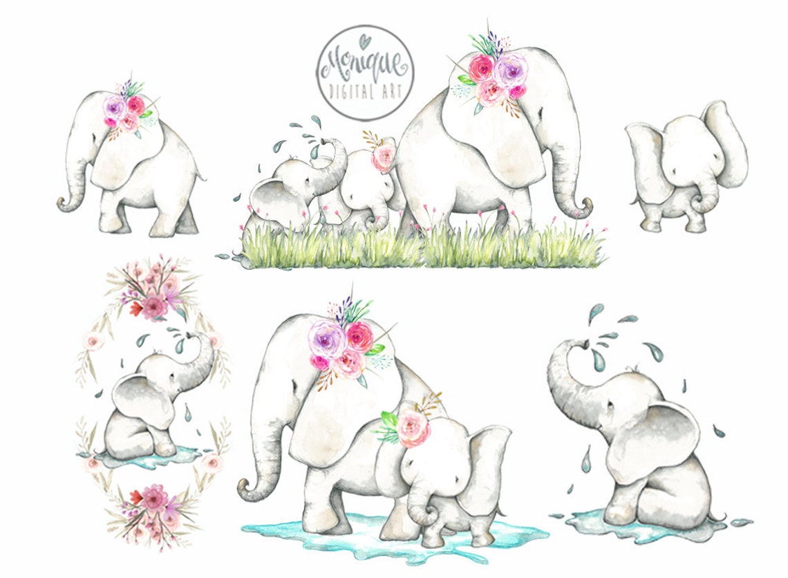 Elephant Clipart, Elephant Watercolor, Jungle Animals, Painted, Floral ...
