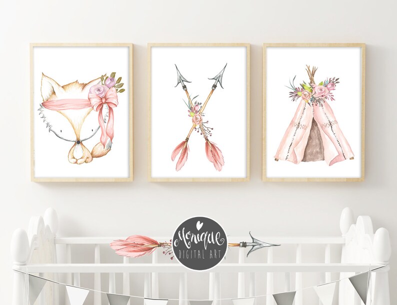 Watercolor Printable art Pink Teepee Art Print Fox Set of 3 Girls Nursery Art Teepee arrows flowers printable art hand painted