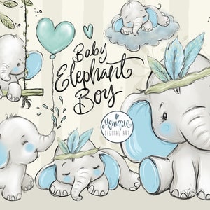 Olifant, baby olifant clipart, baby jongen kunst, schattige olifant, boho olifant, baby clipart, blauwe olifant, baby douche, baby jongen, blauwe baby