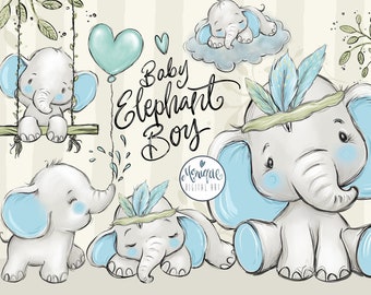 Elephant, baby elephant clipart, baby boy art, cute elephant, boho elephant, baby clipart, blue elephant, baby shower, baby boy, blue baby