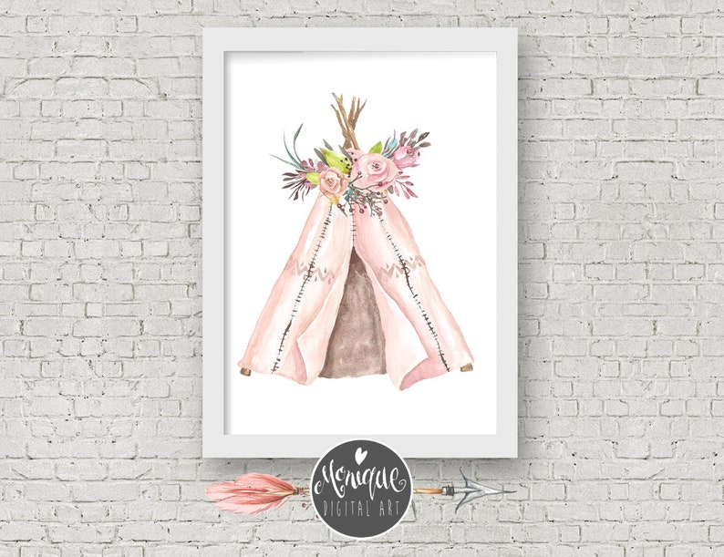 Watercolor Printable art Pink Teepee Art Print Fox Set of 3 Girls Nursery Art Teepee arrows flowers printable art hand painted