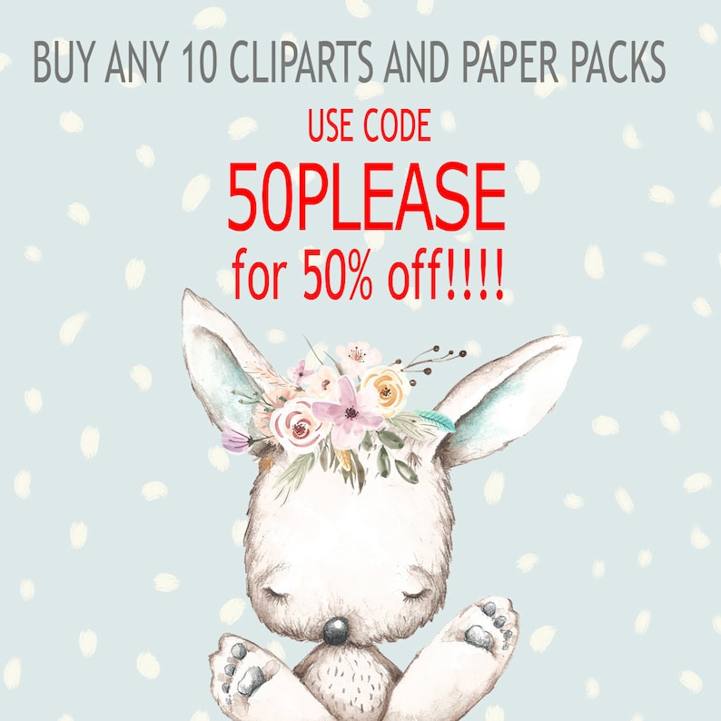 May include: A cute cartoon bunny wearing a floral crown with the text "BUY ANY 10 CLIPARTS AND PAPER PACKS USE CODE 50PLEASE for 50% off!!!!" on a light blue background with white dots.