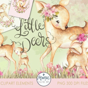 May include: A digital illustration of a family of deer with pink flowers. The mother deer has a floral crown on her head. The text "Little Deers" is written in cursive. There are 15 clipart elements included in this digital download. The files are PNG and 300 DPI.
