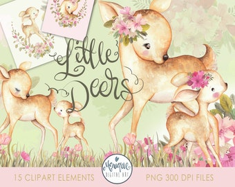 Deer clipart watercolor, mother baby deer clipart, cute deers, woodland animals, nursery art, deer flowers, Kids Clipart, Nursery Decor