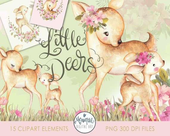 Deer clipart watercolor, mother baby deer clipart, cute deers, woodland animals, nursery art, deer flowers, Kids Clipart, Nursery Decor