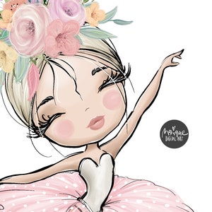 May include: A digital illustration of a young girl with blonde hair wearing a pink tutu and a flower crown. She is smiling and has her arm raised in the air. The background is white.