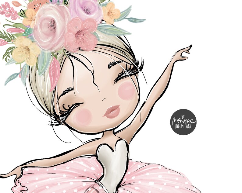 May include: A digital illustration of a young girl with blonde hair wearing a pink tutu and a flower crown. She is smiling and has her arm raised in the air. The background is white.