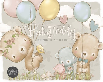Teddy Clipart, baby teddies, teddy bear, cute teddy, teddy bear png, nursery teddy art, unisex teddy art, png bear, hand drawn teddy bear