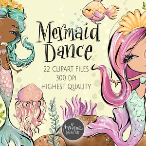 Mermaid Clipart, African American Mermaid, coral, algas, medusas, Mermaid Birthday, linda sirena, monique art, pescado, conchas, burbujas