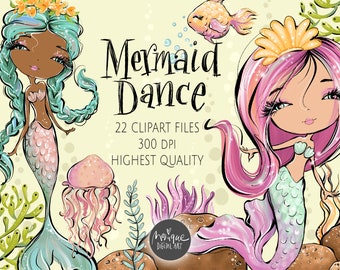 Mermaid Clipart, African American Mermaid, coral, seaweed, jellyfish, Mermaid Birthday, cute mermaid, monique art, fish, shells, bubbles