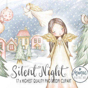Clipart des anges de Noël,Aquarelle,Arbre de Noël,Petites maisons,Scène de Noël,Neige,Oiseau,Planificateur clipart,Peint à la main,Monique Art numérique