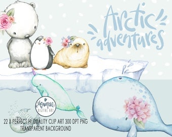 Imágenes prediseñadas de animales del Ártico, acuarela de ballena, morsa, foca, narval, oso polar, pingüino, imágenes prediseñadas de animales de guardería, baby shower, imágenes prediseñadas para agenda