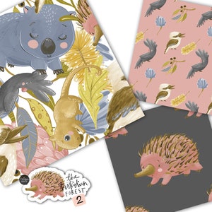May include: A set of three digital paper patterns featuring Australian animals. The first pattern is white with a yellow, orange, and brown echidna, a blue wombat, and a brown bird. The second pattern is pink with a white bird and a black bird on a pink background. The third pattern is gray with a pink echidna on a gray background. The text "The Australian Forest 2" is visible in the image.