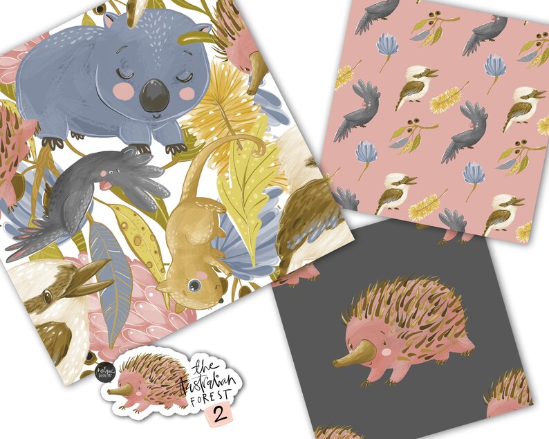 May include: A set of three digital paper patterns featuring Australian animals. The first pattern is white with a yellow, orange, and brown echidna, a blue wombat, and a brown bird. The second pattern is pink with a white bird and a black bird on a pink background. The third pattern is gray with a pink echidna on a gray background. The text "The Australian Forest 2" is visible in the image.