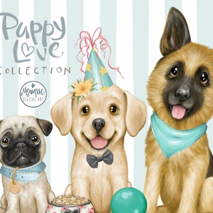 Hund Clipart, Schäferhund, Mops, Labrador, Niedliches Hunde clipart, Welpe Clipart, Bandana, Schleife, Hundenapf, Hundehalsband, handgezeichnet, Hundeportrait