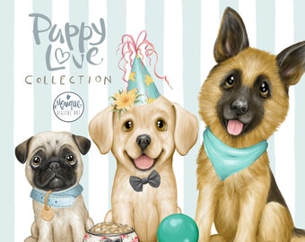 Può includere: Tre cuccioli di cartone animato, un carlino, un golden retriever e un pastore tedesco, indossano cappelli da festa e accessori. Il carlino indossa un collare blu con un'etichetta, il golden retriever indossa un papillon nero e il pastore tedesco indossa una bandana blu. I cuccioli sono seduti su uno sfondo a strisce blu e bianche. Il testo "Puppy Love Collection" è in cima all'immagine.