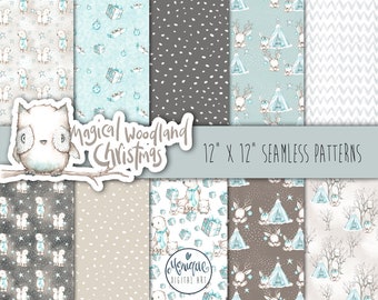 Christmas Digital Papers, Seamless Surface Patterns, planner stickers, graphics resources, Fabric, Cute Animals Graphics, woodland animals