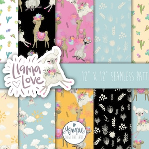 Süßes Lama Papier, Lama Muster, Lama und Kaktus, hell bunte Lamas, Lama Kunst, Kaktus Kunst, Lama Planer, Lama Blumen, Planer Lama