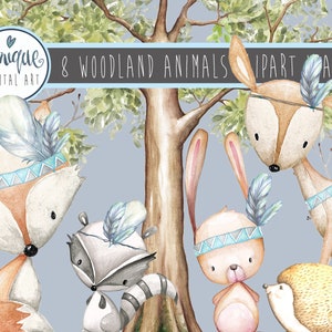 Garçons Woodland nursery animals clipart, aquarelle, peint à la main, lapin, plumes, arbre, renard, cerf, hérisson, planificateur clipart, planner art