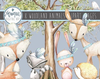 Boys Woodland nursery animals clipart, watercolor, hand painted, bunny, feathers, tree, fox, deer, hedgehog, planner clipart, planner art