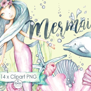 Mermaid Clipart,Mermaid invitation,hand painted watercolor, dolphin, shells, printable, planner stickers, planner girl, cute mermaid,clipart image 1