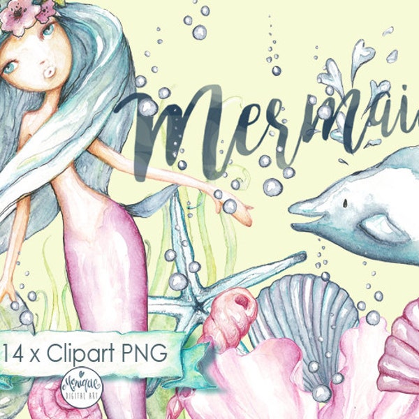 Mermaid Clipart,Mermaid invitation,hand painted watercolor, dolphin, shells, printable, planner stickers, planner girl, cute mermaid,clipart